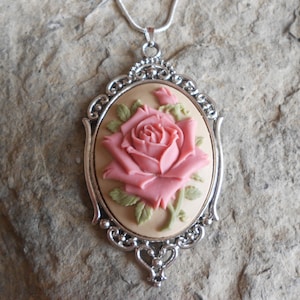 Stunning Rose Cameo Pendant Necklace (pink on tan)---.925 plated 22" Chain--- Great Quality