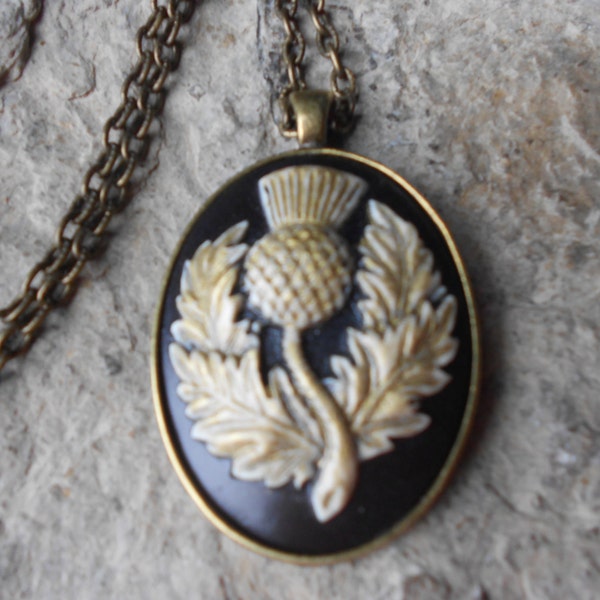 Hand Painted (golden)- Scottish Thistle - Scotland's National Emblem -  Cameo Necklace  - 2" Long - Bronze Setting, Bronze Chain