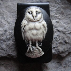 Barn Owl (Hand Painted) Cameo Black Money Clip -Unique - Scary -Father's Day Gift - Dad - Anniversary - Father's Day - Goth