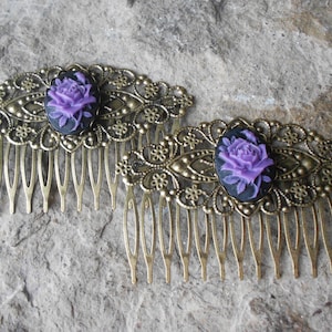 Pair of Purple Rose Cameo Bronze Filigree Hair Combs - Hair Accessory - Hair Clips - Barrettes - Wedding - Bridal - Formal - Prom - Evening