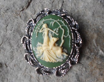 2 in 1 -  Goddess Diana, The Huntress Cameo Brooch/Pin/Pendant Beautiful Detail and Great Quality, Reindeer, Woods, Forest