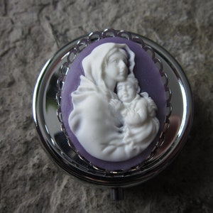 Choose Color- Silver Tone Virgin Mary and Baby Jesus Cameo Pill Box - Medication Case, Religious - Pill Case - Meds - Medication Organizer