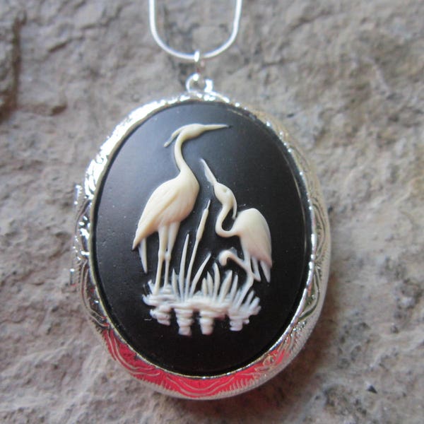 Choose Silver, Bronze or Gold - Stunning Heron, Crane, Stork Pendant Locket - Black,  2" Long -.925 plated 22" Chain--- Great Quality