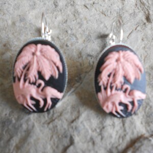 Gorgeous Pink Flamingo (on a black background) Cameo French Earrings!!!  Wonderful Quality!!!