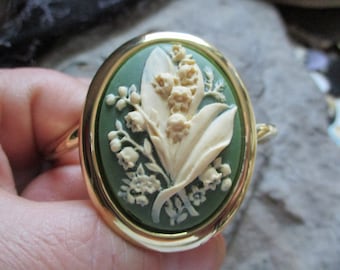Elija verde, negro, lavanda, azul o burdeos - Pulsera de puño chapada en oro de lirio del valle Cameo - Calidad - Única - Boda - Novia