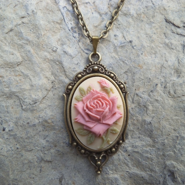 Beautiful Pink Rose Cameo Necklace - Bronze Setting, Bronze Chain - Christams