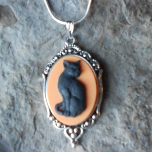 Halloween Black Cat (on an orange background) Cameo Pendant Necklace - Great Quality
