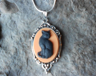 Halloween Black Cat (on an orange background) Cameo Pendant Necklace - Great Quality