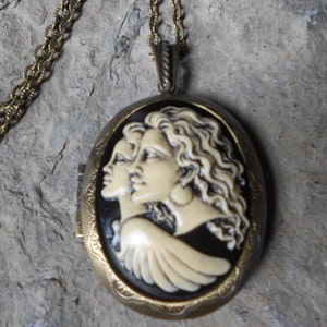 LOCKET--Stunning Guardian Angel Cameo (hand painted) Bronze Pendant Locket -  2&quot; long--Antiqued Look--- Great Quality