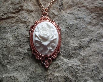 White Rose Cameo Rose Gold Tone Pendant Necklace - Unique - Formal - Floral - Bridal