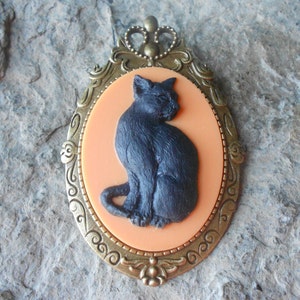 Choose Bronze or Silver - 2 in 1 - Halloween Black Cat (on Orange) Cameo-  Brooch/Pin/Pendant -- Great Quality!!!