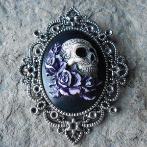 Hand Painted - Skull and Dark Purple Roses - Black -  Cameo Pendant Necklace- 2 3/4&quot; Long - Bronze Setting,