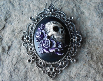 Hand Painted - Skull and Dark Purple Roses - Black -  Cameo Pendant Necklace- 2 3/4" Long - Bronze Setting,