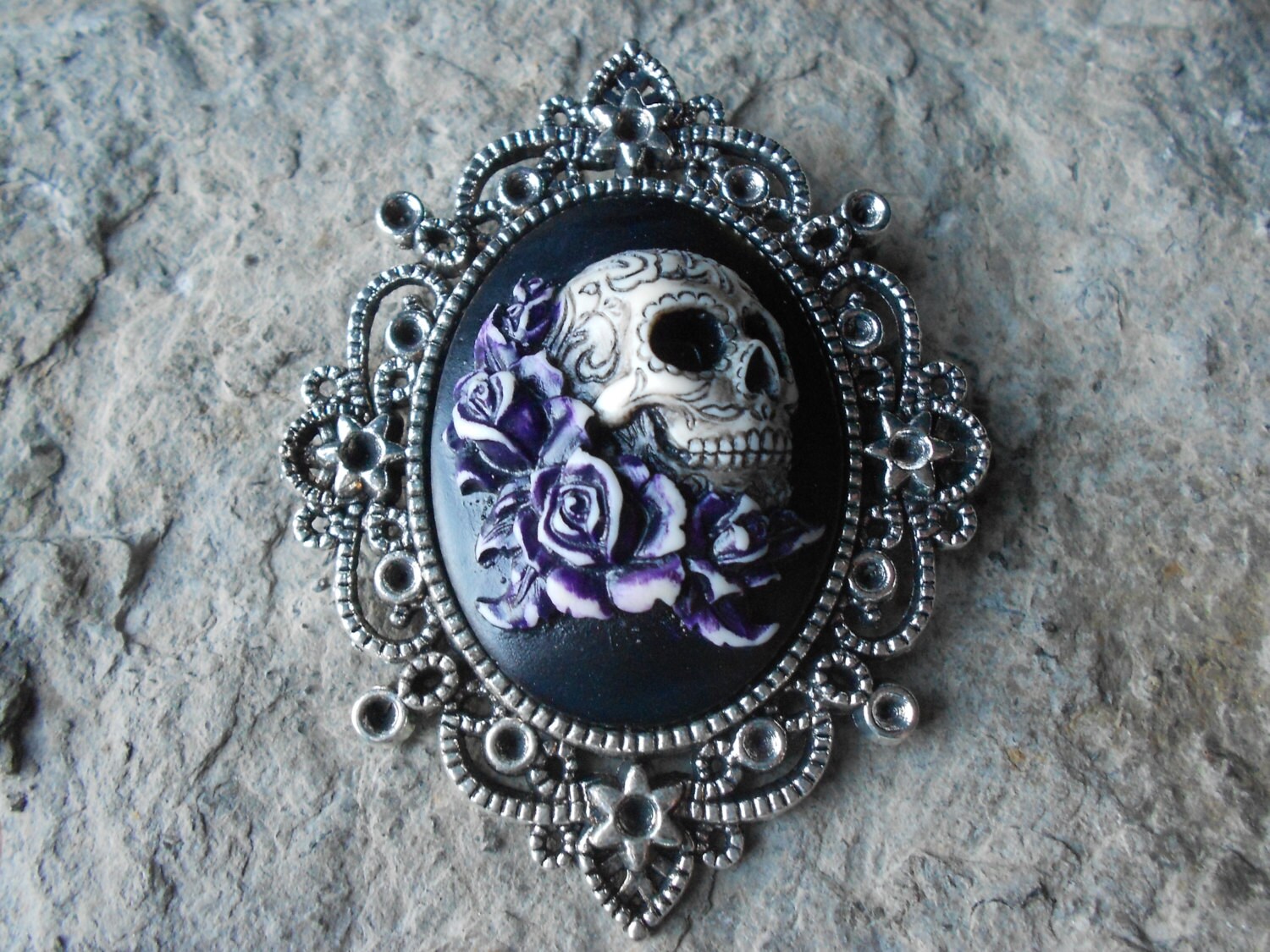 Collana Gotica Lolita Con Ciondolo Teschio Cammeo Nero E Rosa, Argento, Chiusura A Moschettone, Lunga 20 Pollici, Fatta A Mano USA