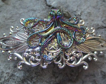 Choose Silver or Gold- Iridescent, Rainbow Octopus Filigree Barrette - Hair Accessory - Hair Jewelry - Squid - Ocean - Sea - Kraken