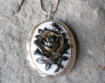 Hand Painted Cameo Locket!!! Black and Gold Rose on White!!! Gorgeous Colors!!! High Quality!!!  Weddings, Photos, Keepsakes