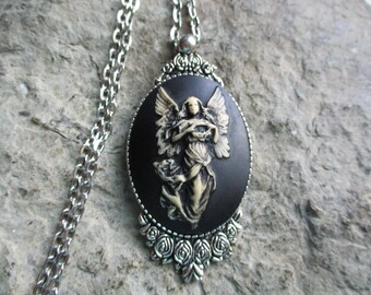 Hand Painted Angel with Beautiful Wings (on a black background) Cameo Pendant Necklace - Silver Plated Roses Setting-  Great Quality