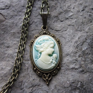 Victorian Woman Portrait Cameo Bronze Pendant Necklace - Aqua/Blue/Green - Great Quality