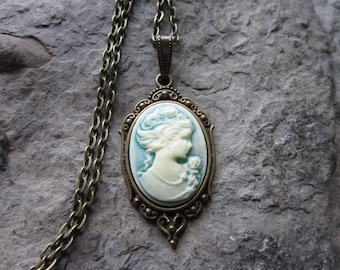 Victorian Woman Portrait Cameo Bronze Pendant Necklace - Aqua/Blue/Green - Great Quality