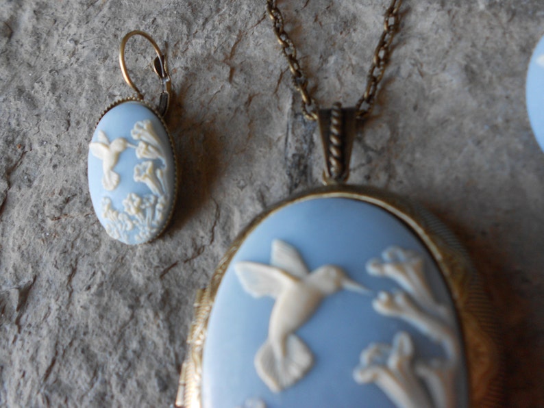 Quality Hummingbird Bronze Locket and French Lever Back Earrings Set - Antiqued Look Blue Wedding -Bridesmaid