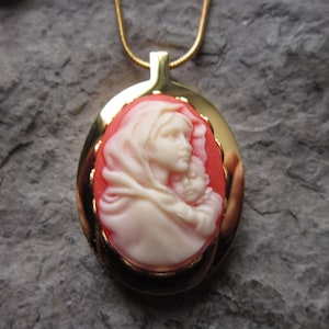 Choose Cameo Color - Virgin Mary & Baby Jesus Cameo Gold Plated Stainless Steel Urn Necklace- Ashes - Hair -Mourning - Religious Urn