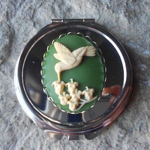 Choose Round or Rectangle - Hummingbird Cameo Compact Mirror - Makeup Mirror, Lipstick Mirror, Beauty, Pill Case, Stash, Holder, Bird, Green
