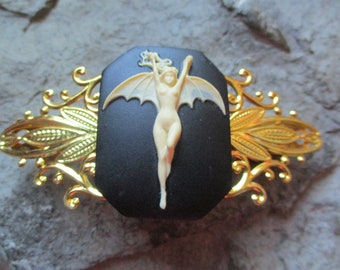 Choose Gold, Silver or Bronze - Vampire, Bat Woman Cameo Filigree Barrette  - Vampiress