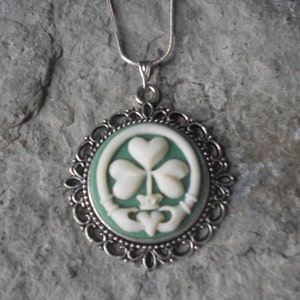 Irish Claddagh Shamrock Cameo Pendant Necklace - .925 plated 22" Chain - Great Quality, St. Patrick's Day - Clover, Green