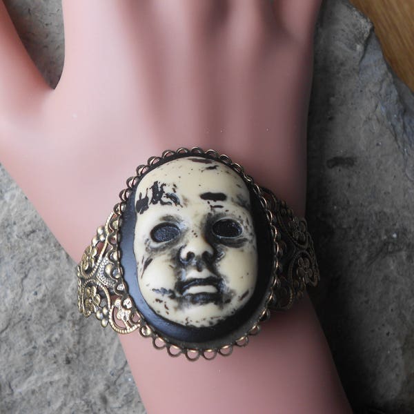 Creepy Baby Doll (Hand Painted Cameo) Bronze Filigree Bracelet - Great Quality - Zombie - Scary Doll - Zombie Baby