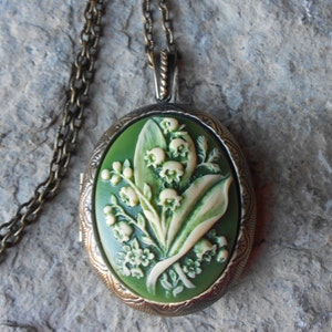 Choose Bronze or Silver - Lily of the Valley Hand Painted Cameo Locket - Gorgeous Colors!!! High Quality!!!  Weddings, Photos, Keepsakes