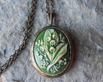 Choose Bronze or Silver - Lily of the Valley Hand Painted Cameo Locket - Gorgeous Colors!!! High Quality!!!  Weddings, Photos, Keepsakes