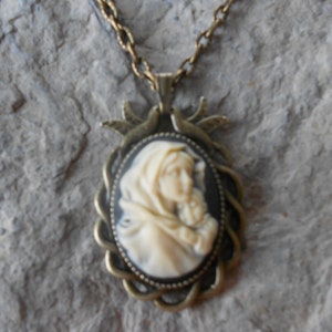 Virgin Mary and Baby Jesus Cameo Necklace - Bronze Setting, Bronze Chain -Mother Mary -  Christmas - Easter