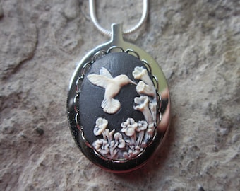 Choose Black or Purple - Hummingbird Cameo Stainless Steel Urn Necklace - Ashes -Locket of Hair- Bird - Memorial - Urn