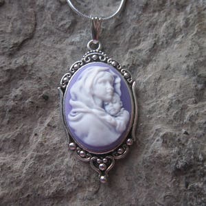 Choose Purple, Blue, or Pink - Virgin Mary and Baby Jesus Cameo Pendant Necklace - Unique - Religious - Easter - Christmas