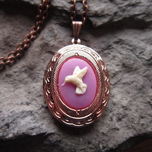 Choose Purple, Pink Blue and Rose Gold or Rose Gold Ox - Hummingbird Cameo Rose Gold Plated Locket - Easter, Spring, Summer, Keepsakes