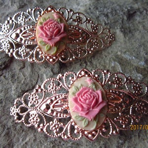 Choisir Or Rose ou or - paire de camée Rose Rose vieilli en filigrane Barrette cheveux - fait main - accessoire - paix - cadeau - accessoire