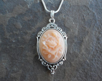 Stunning Peach Rose Cameo Pendant Necklace---.925 plated 22" Chain--- Great Quality!!!