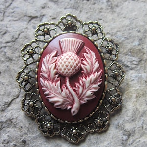 Choose Gold or Silver - 2 in 1 - Hand Painted Burgundy Scottish Thistle Cameo Brooch/Pin/Pendant - Celtic - Autumn - Fall