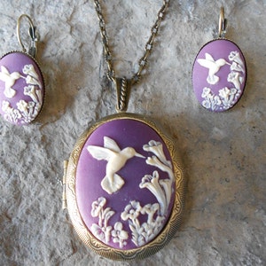 Hummingbird Bronze Locket and French Lever Back Earrings Set (Purple)- Antiqued Look - Quality - Wedding -Bridesmaid