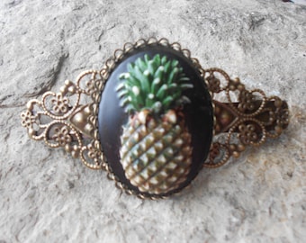 Hand Painted Pineapple Cameo Antiqued Bronze Filigree Barrette - Handmade - Hair Accessory  - Vacation - Cruise - Accessory