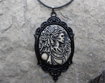 Hand Painted Skeleton Lady- Skull- Zombie Cameo Pendant Necklace---.925 plated 22" Chain--- Great Quality!! 2" Long