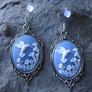 Choose Silver, Gold or Bronze - Hummingbird (on a Pretty Medium Sky Blue Background) Cameo Earrings, Bird