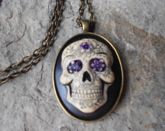 Sugar Skull, Day of the Dead, Skull (Hand Painted) Cameo Pendant Necklace- Halloween, Steampunk Unique