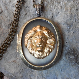 LOCKET--Stunning Brass Lion Bronze Pendant Locket - Lion&#39;s Head Locket -  Vintage Look - Antiqued Look--- Great Quality