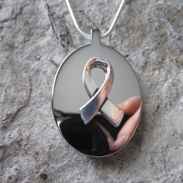 Breast Cancer Awareness Ribbon Stainless Steel Oval Urn Necklace - Ashes - Lock of Hair - Memorial - Flowers - Urn - Cremation Jewelry