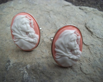 Gorgeous Pair of Cameo Cuff Links - Virgin Mery Cradling Baby Jesus  - Christmas- Quality - Cufflinks - Scarf Pin, Scarf Clip
