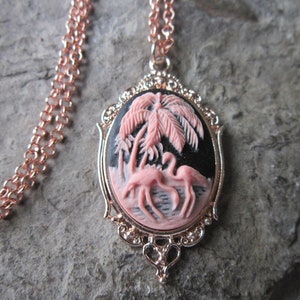 Choose Pink/Black or Multi-Color - Flamingo Cameo Rose Gold Tone Copper Pendant Necklace - Unique - Vacation, Tropical, Cruise, Wedding
