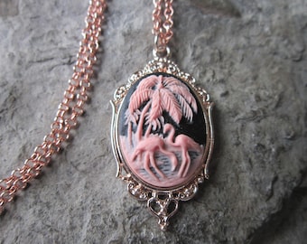 Choose Pink/Black or Multi-Color - Flamingo Cameo Rose Gold Tone Copper Pendant Necklace - Unique - Vacation, Tropical, Cruise, Wedding