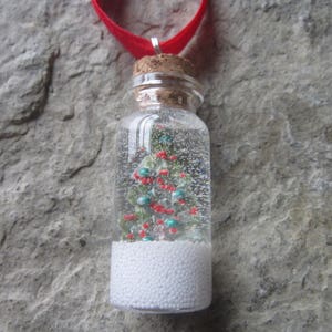 2 in 1 Ornament and Necklace - Real Christmas Tree in a Glass Bottle - Real Evergreen Decorated with Tiny Glass Balls for Ornaments and Snow