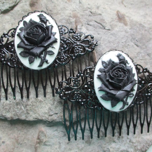 Pair of Black Rose Cameo Black Filigree Hair Combs - Hair Accessory - Hair Clips - Wedding - Mourning -Bridal -Goth - Mourning